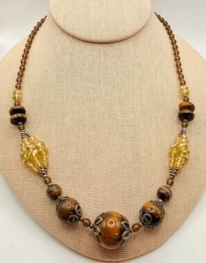 Vtg 925 Sterling Silver Tiger's Eye Filigree Crystal Beaded Boho Necklace 20"